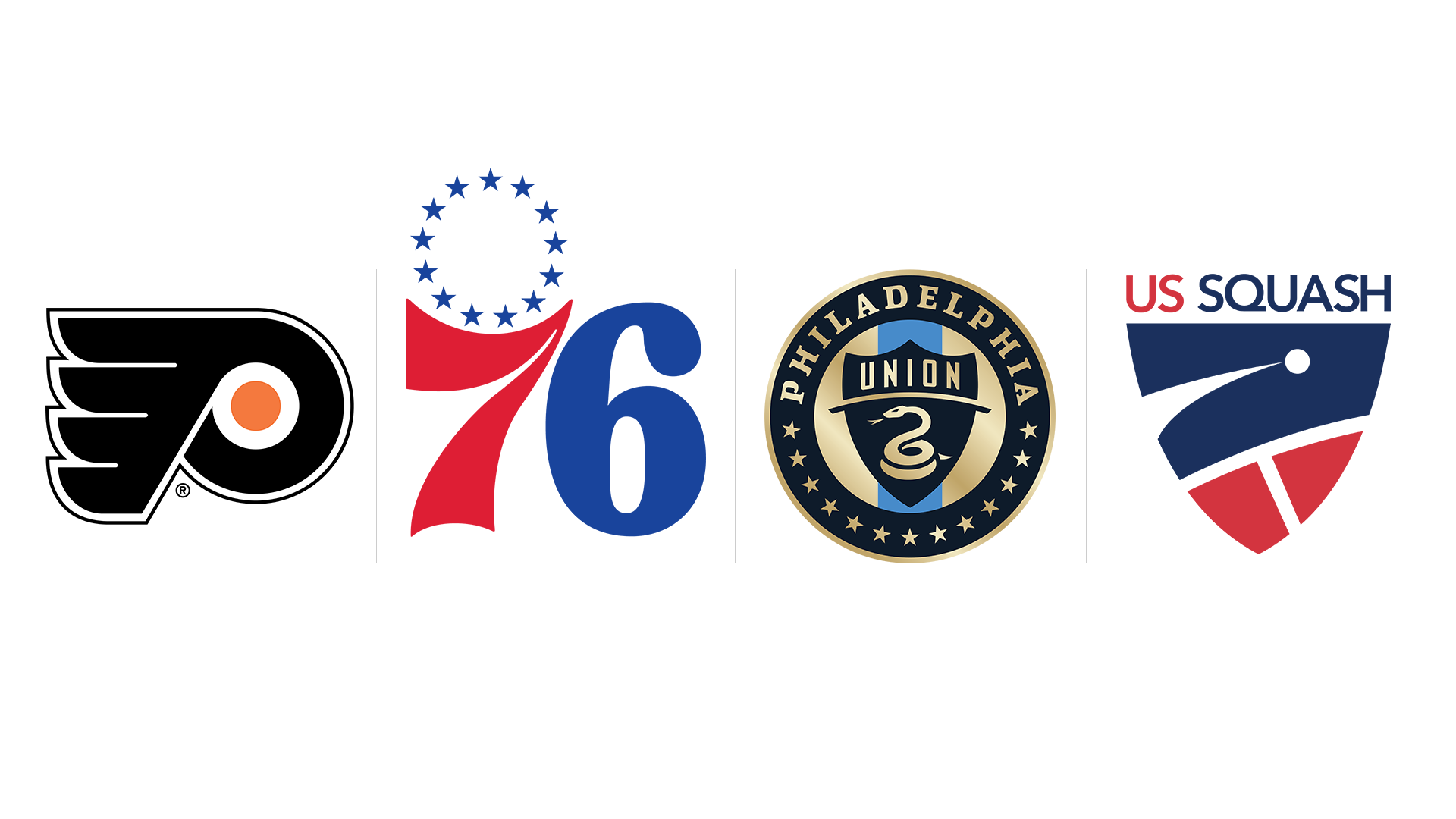 Logos of the Philadelphia Flyers, Philadelphia 76ers, Philadelphia Union, and US Squash teams