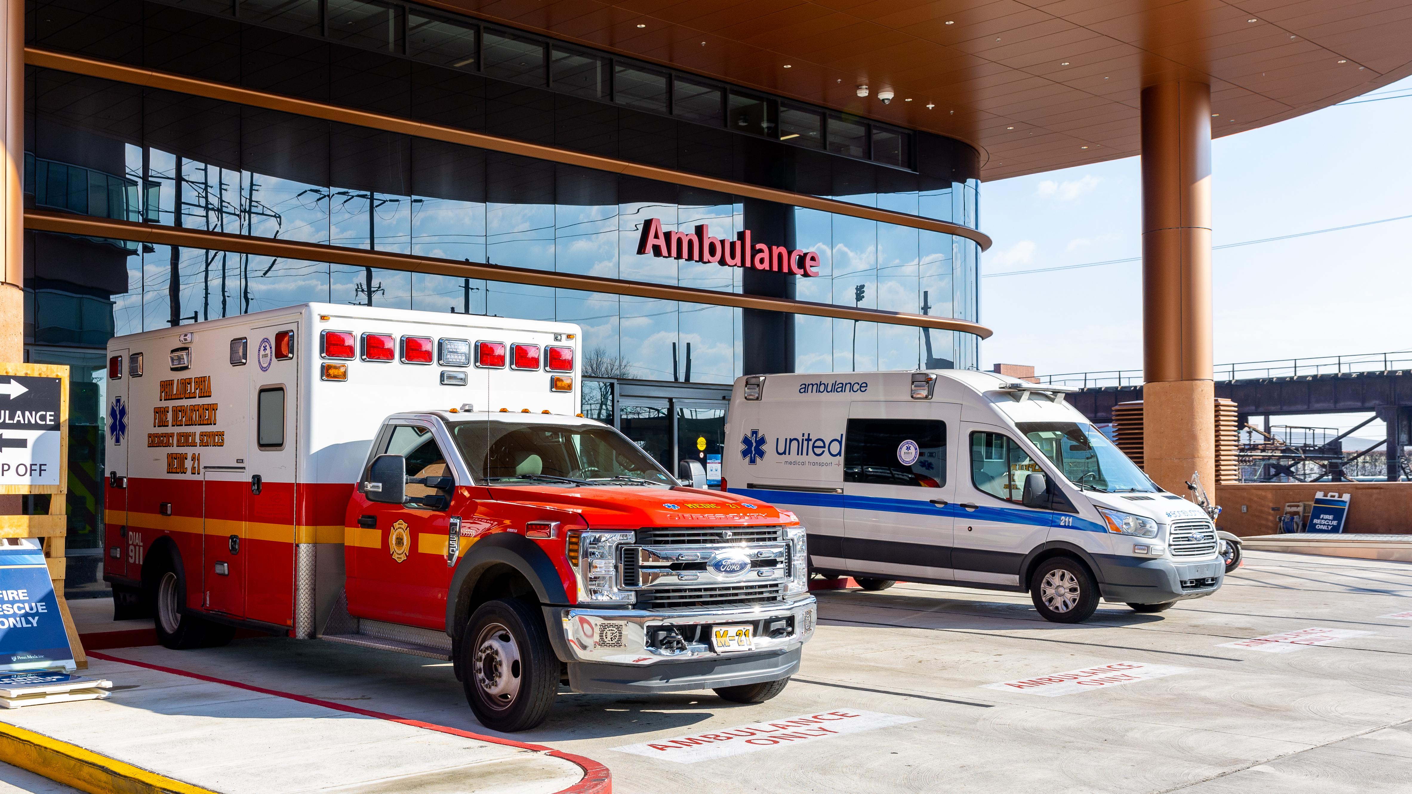 Ambulances parked outsite the ambulance bay at the Penn Medicine Pavilion