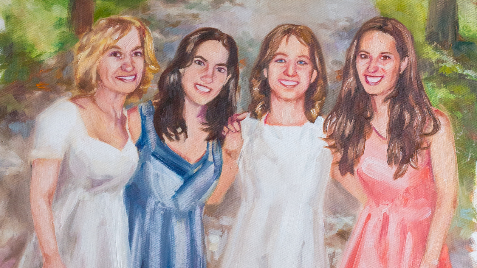 A colorful oil painting interprets an old family photo of Pearl Basser with her daughters Shari, Faith, and Mindy