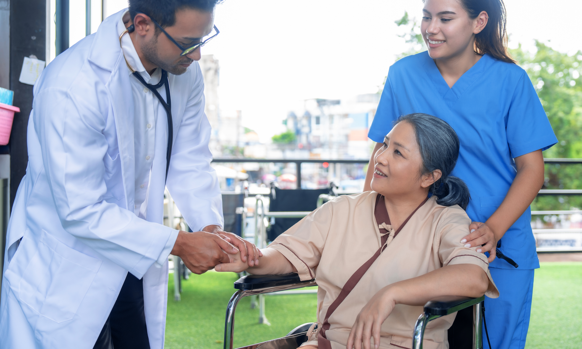Doctors and nurses helping and caring for people.