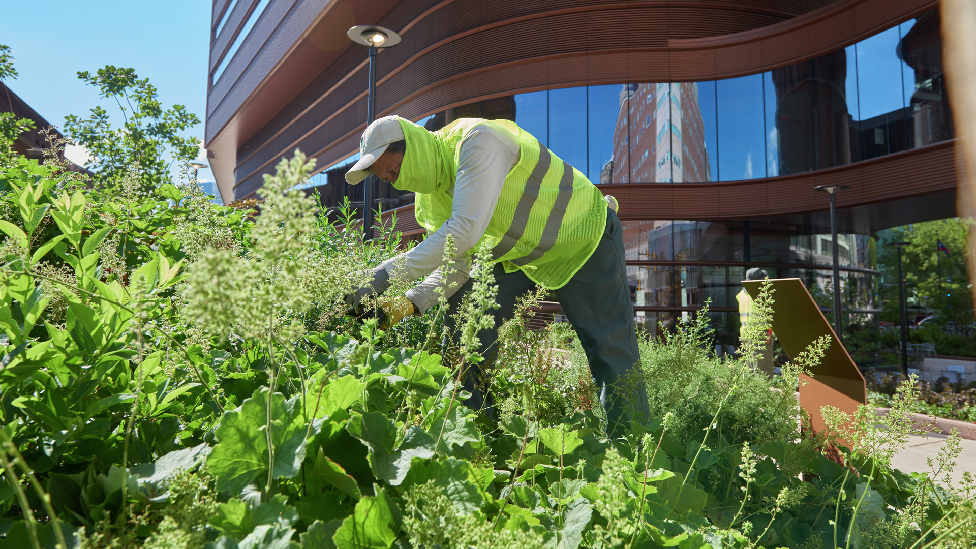 Landscaper tends the gardens outside of the Pavilion