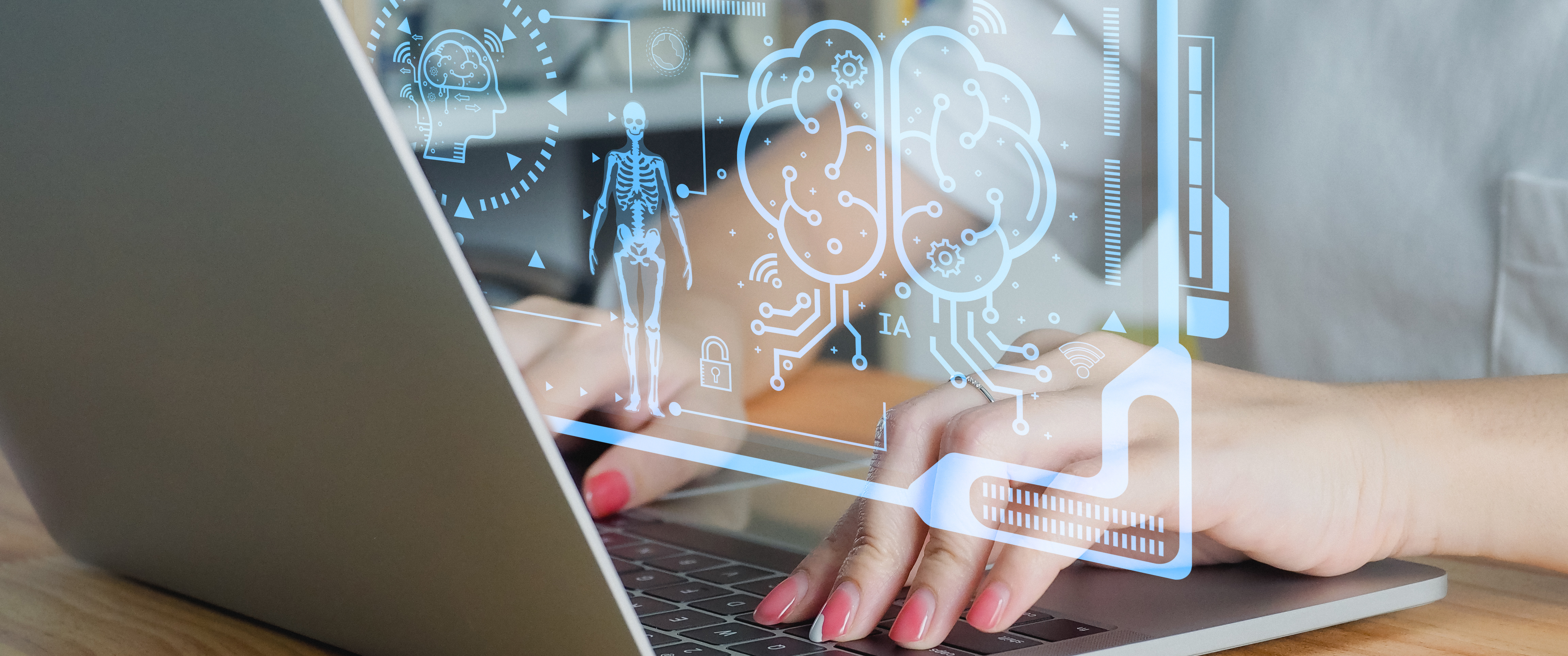 A person typing on a laptop with a digital rendering of a hologram representing AI and health care