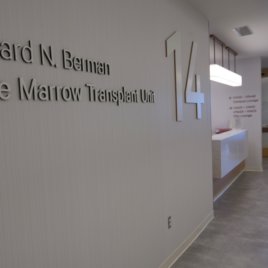 A wall sign marks the Richard N. Berman Bone Marrow Transplant Unit