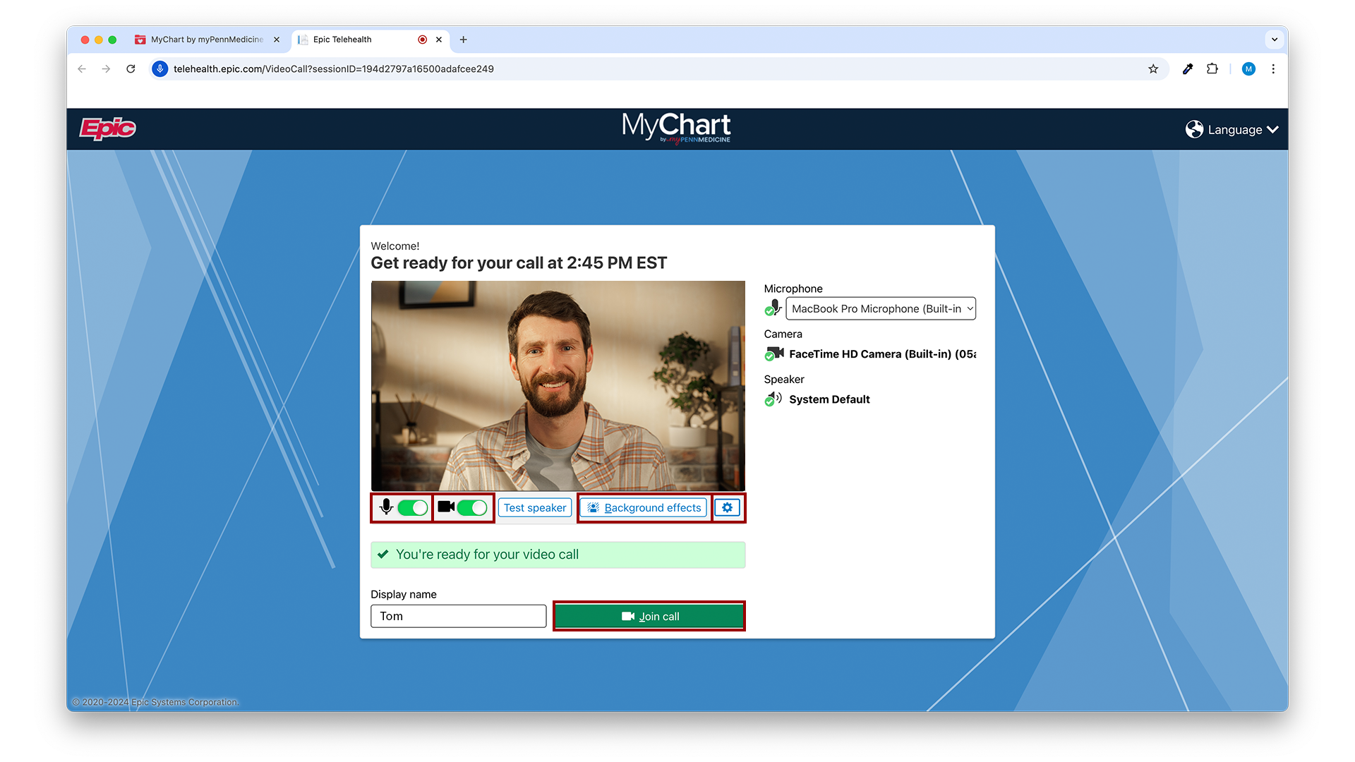 Screenshot of MyChart by MyPennMedicine video call options on desktop