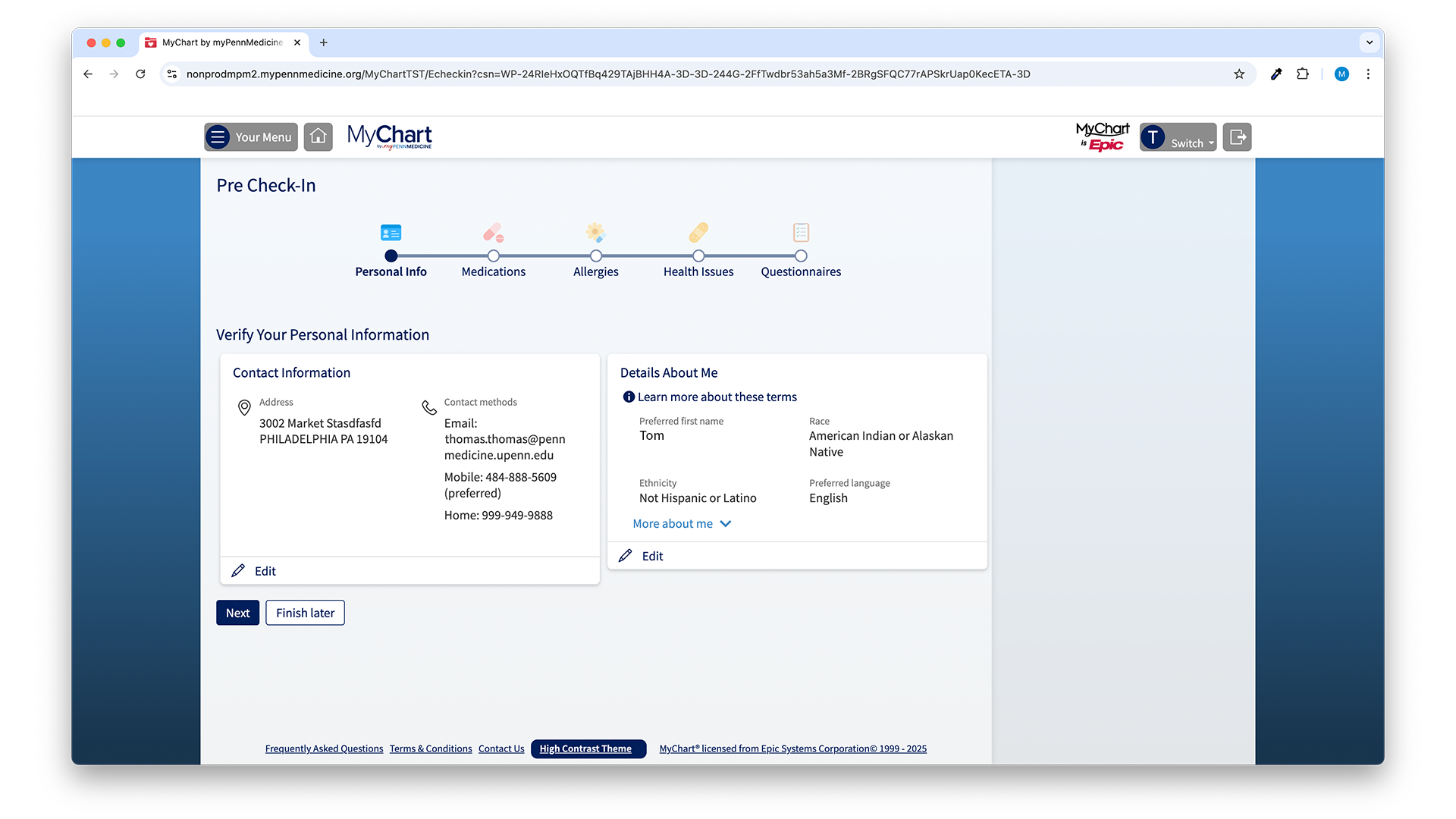 Screenshot of MyChart by MyPennMedicine pre-check in questionnaire on desktop 