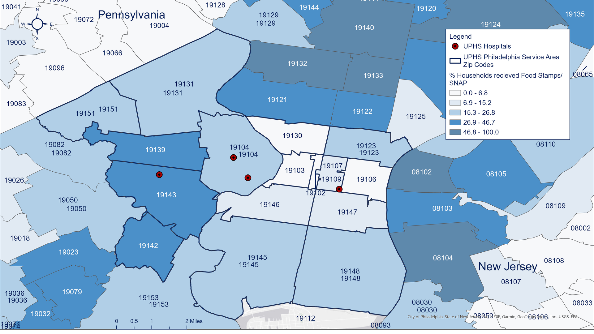 Map of Philadelphia, Pennsylvania, showing the percentage of households that received Supplemental Nutrition Assistance Program (SNAP) benefits in 2022. The map's data source is the 2022 American Community Survey 5-Year Estimates.