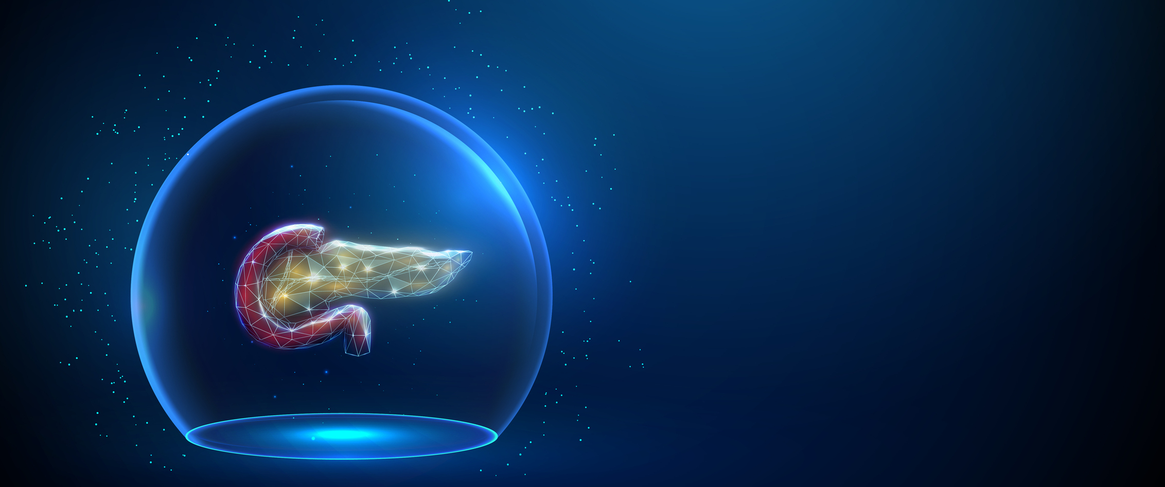 A digital rendering of a pancreas, enclosed in a blue, glowing bubble