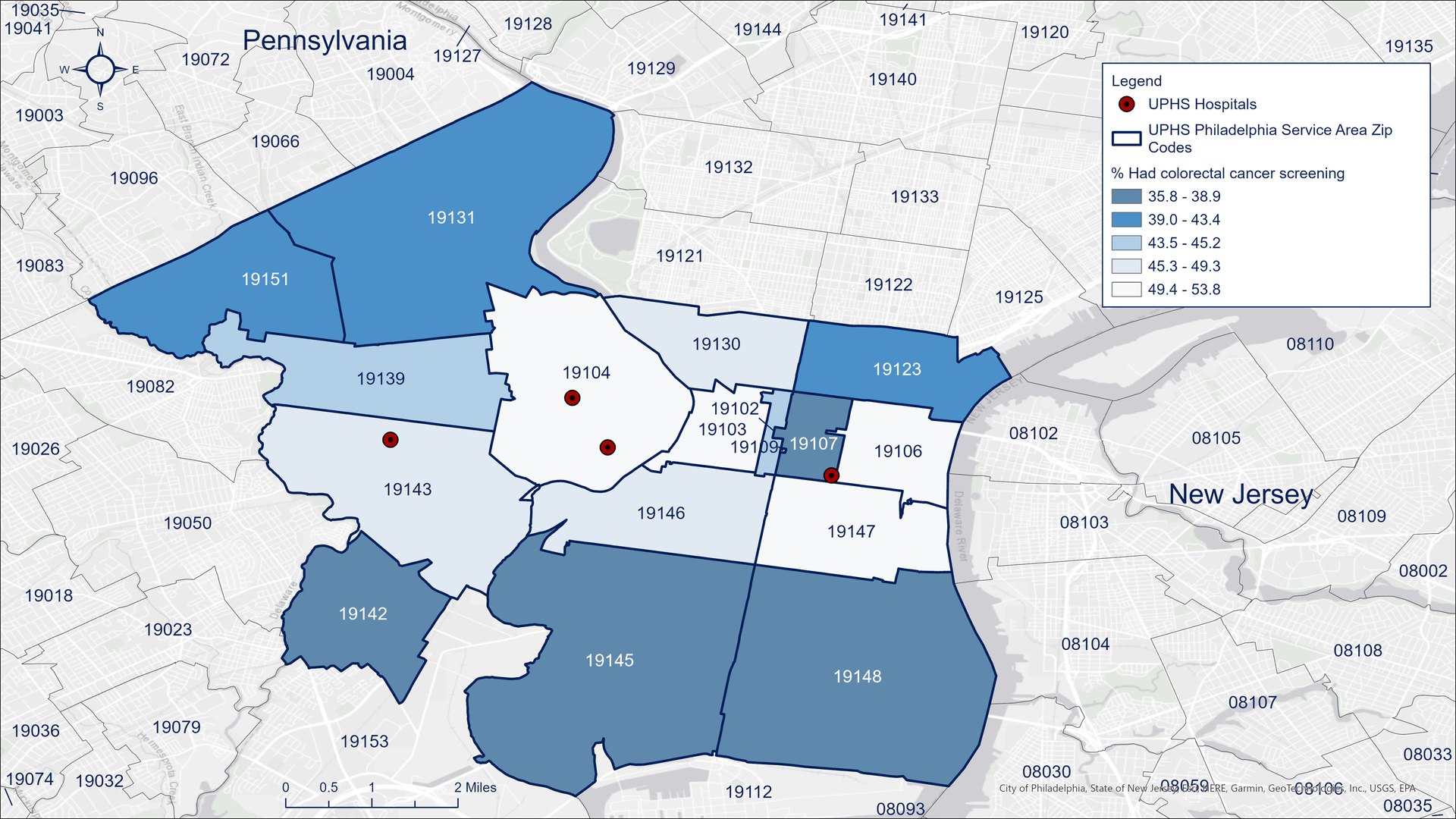 Map of Philadelphia, Pennsylvania, showing the percentage of the eligible population of Penn Medicine patients that was up to date on colorectal cancer screening by zip code in 2023. The eligible population includes Penn Medicine patients between 45 and 75 years old.