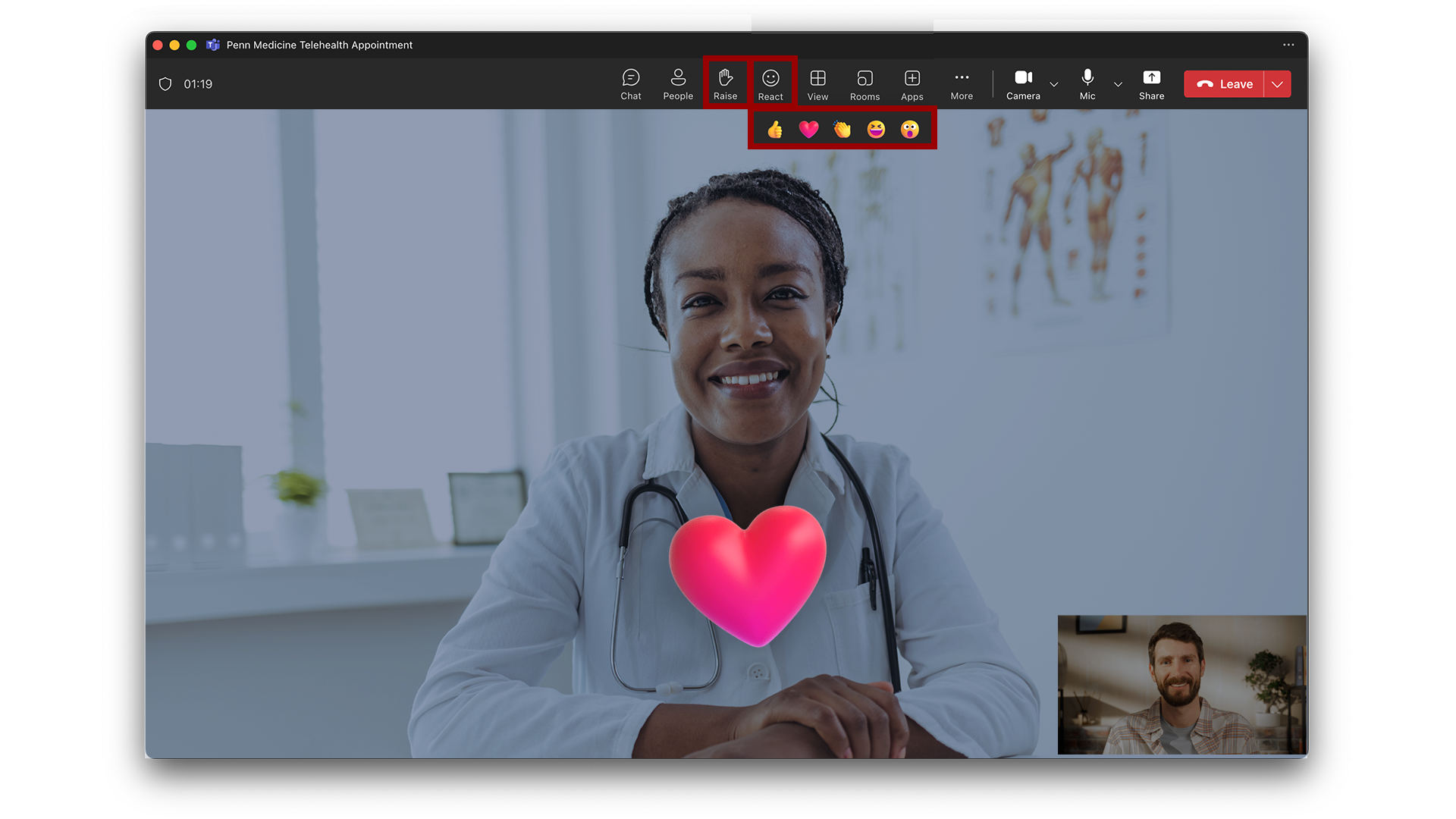 Microsoft Teams  for desktop raise and react features highlighted with red box