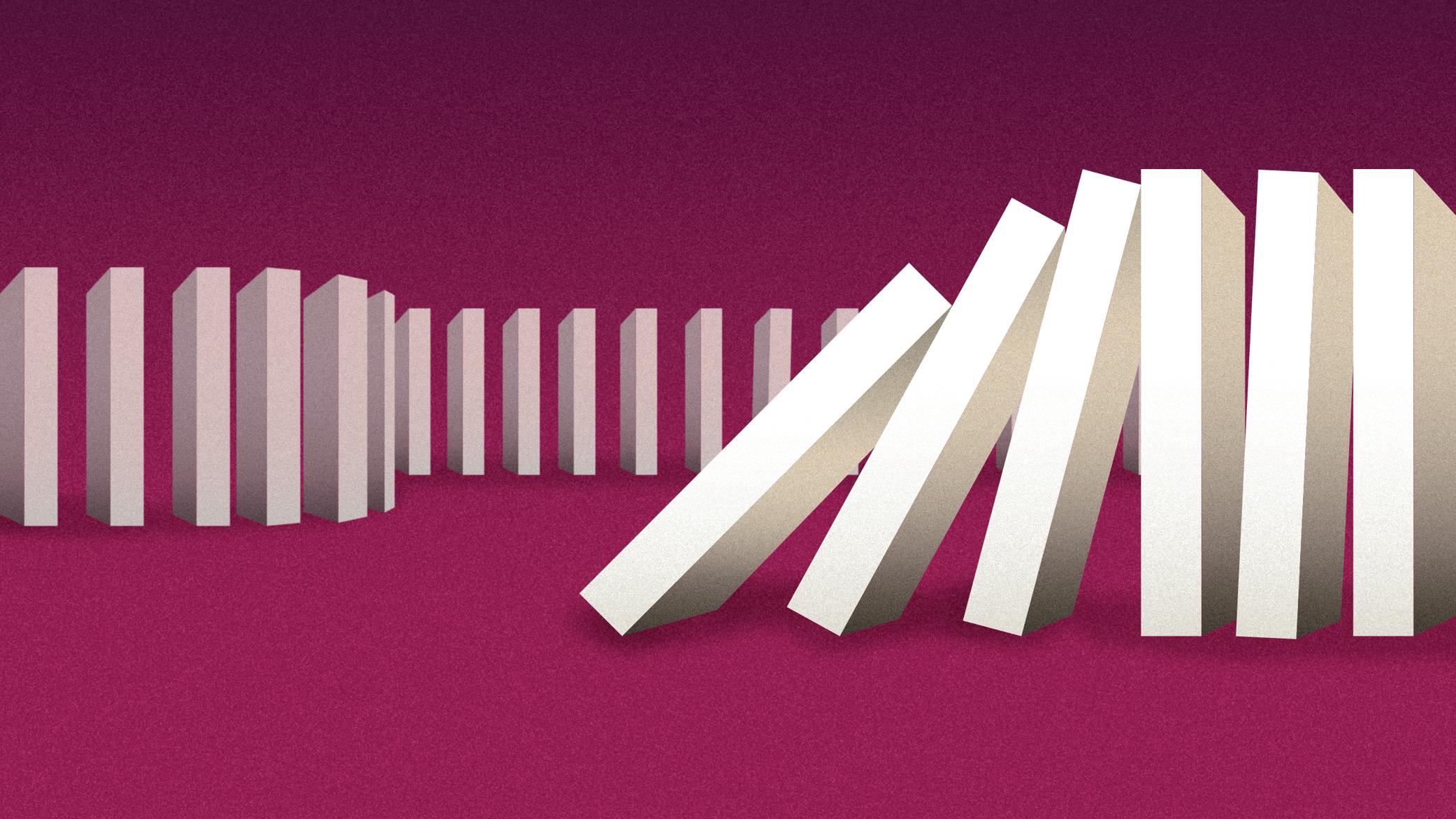 An illustration of a row of white dominoes beginning to topple