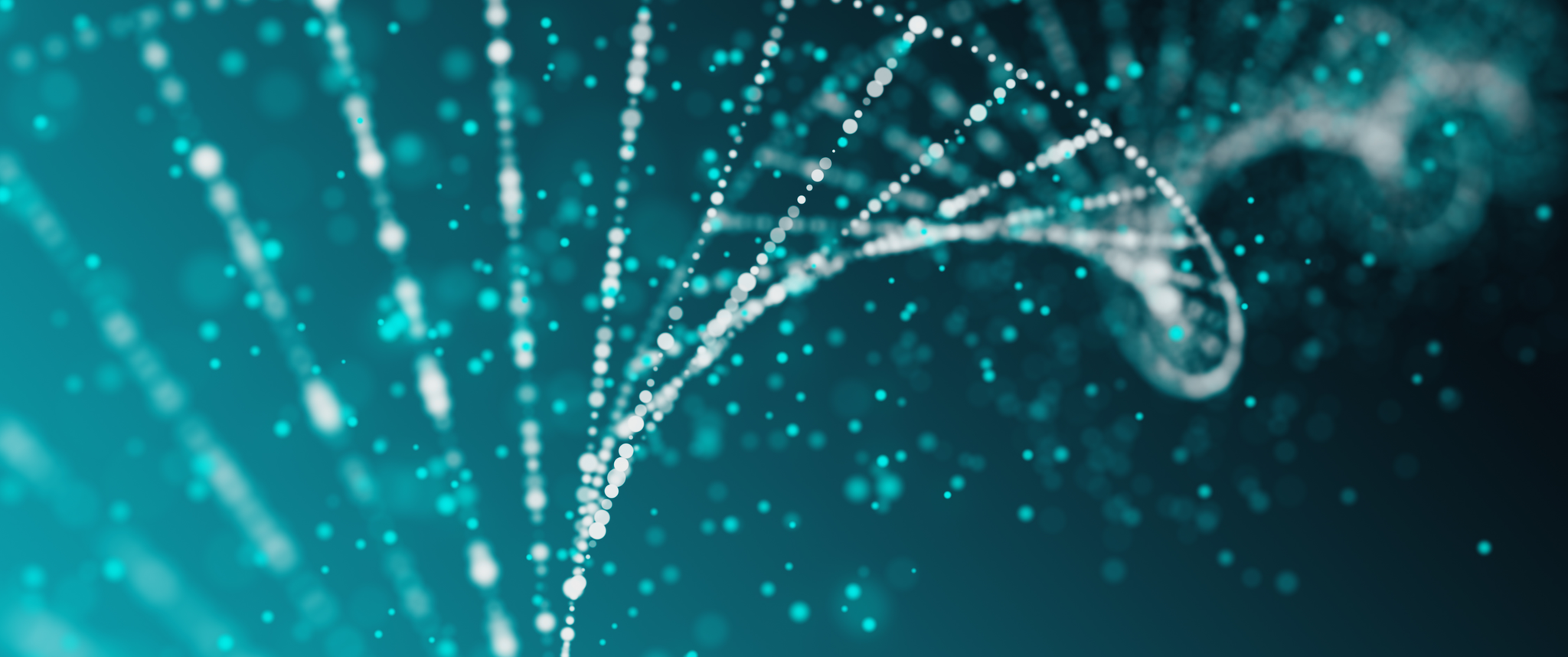 A graphic of a white DNA helix against a blue background