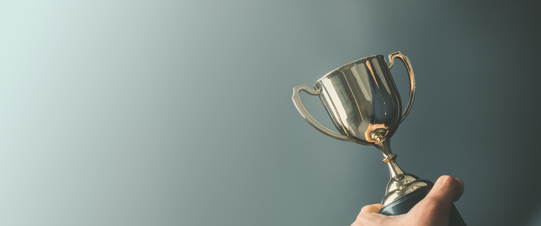 A hand holding a trophy against a grey background.