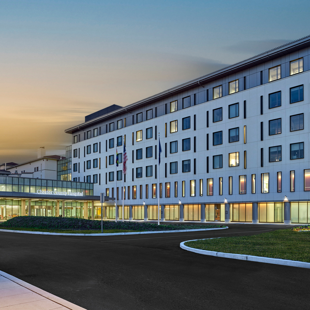 New exterior of the Chester County Hospital (CCH) building at sunset