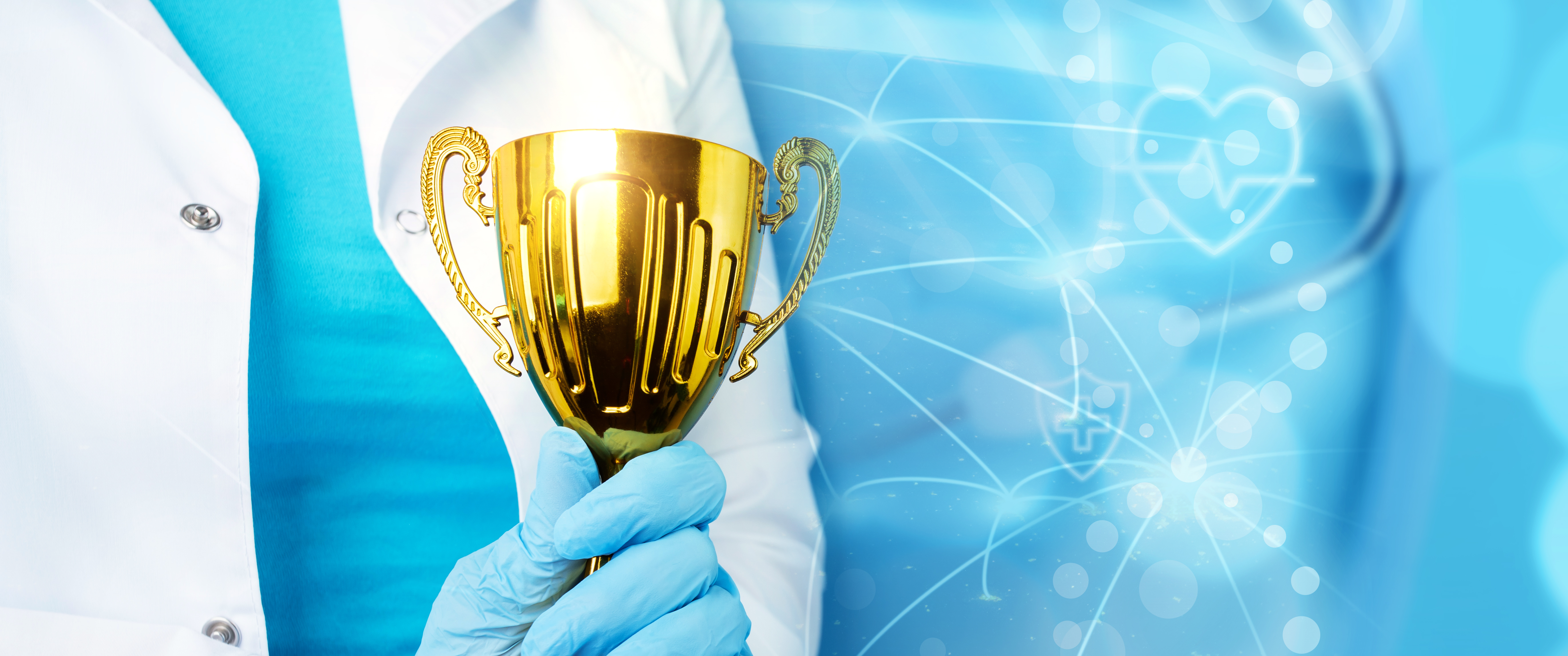 Golden cup in doctor's hands on background of planet with international connections.