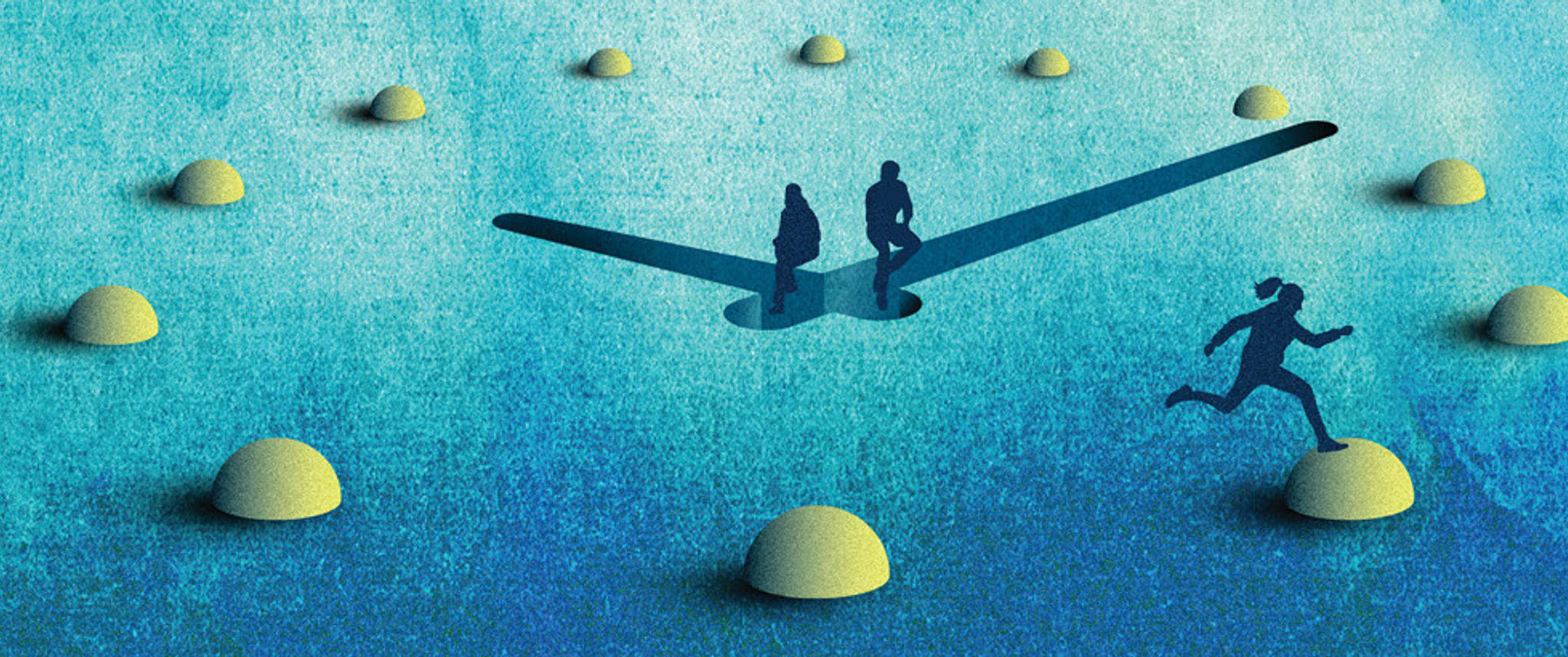 Illustration of an abstract clock with dots for numbers, on which two silhouetted human figures are seated on the clock hands and one is leaping across the dots