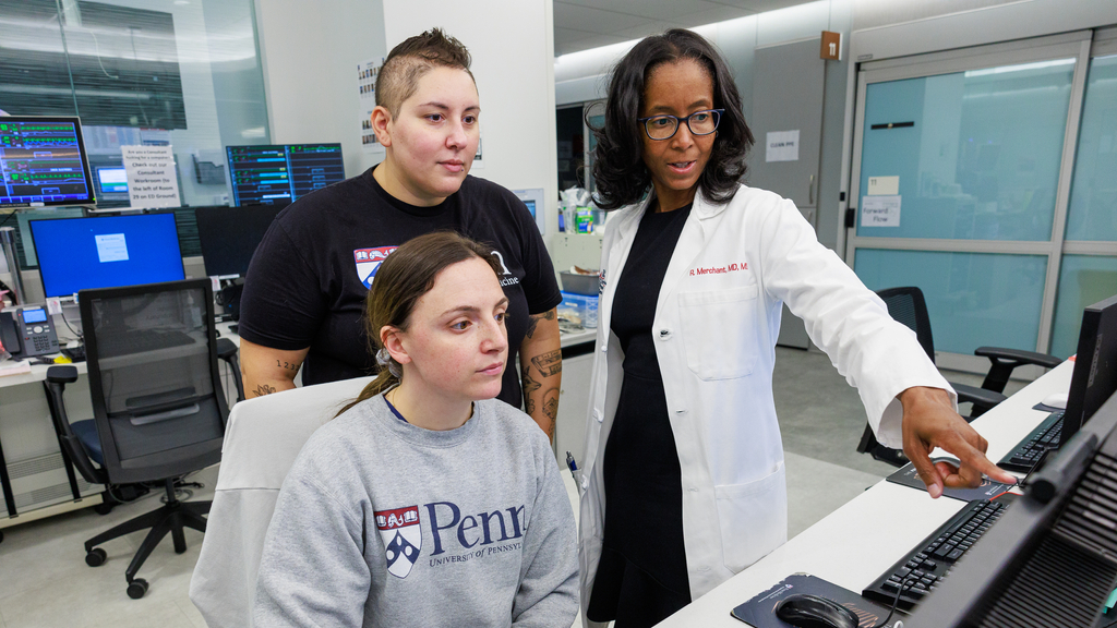 Raina Merchant, wearing a white coat, points at a computer screen with Emergency Department staff 