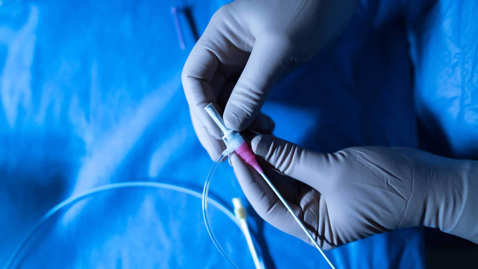 Catheter being held by gloved hands