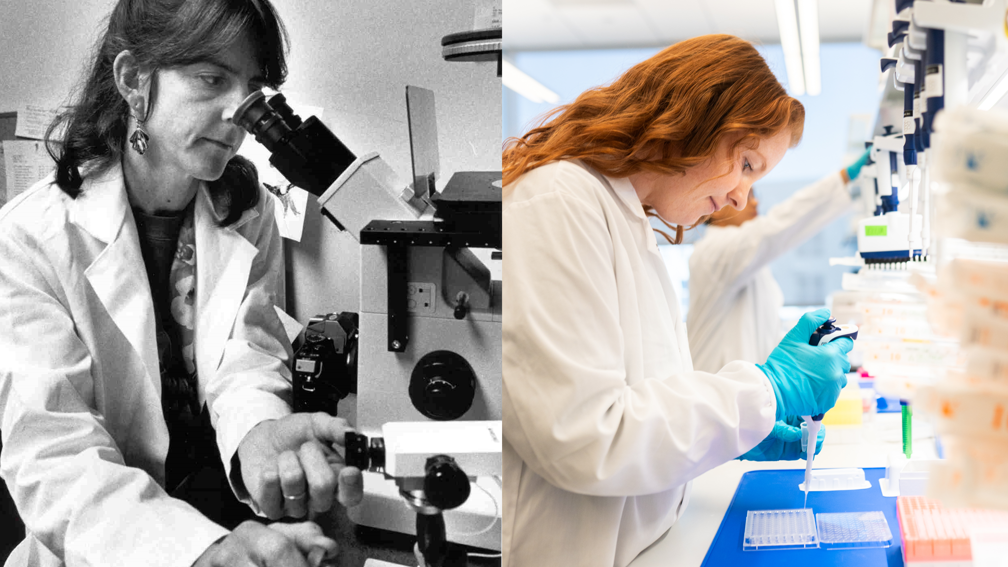 On the left, Jean Bennett looking into a microscope. On the right, a researcher in a white lab coat using a pipette at a lab bench.