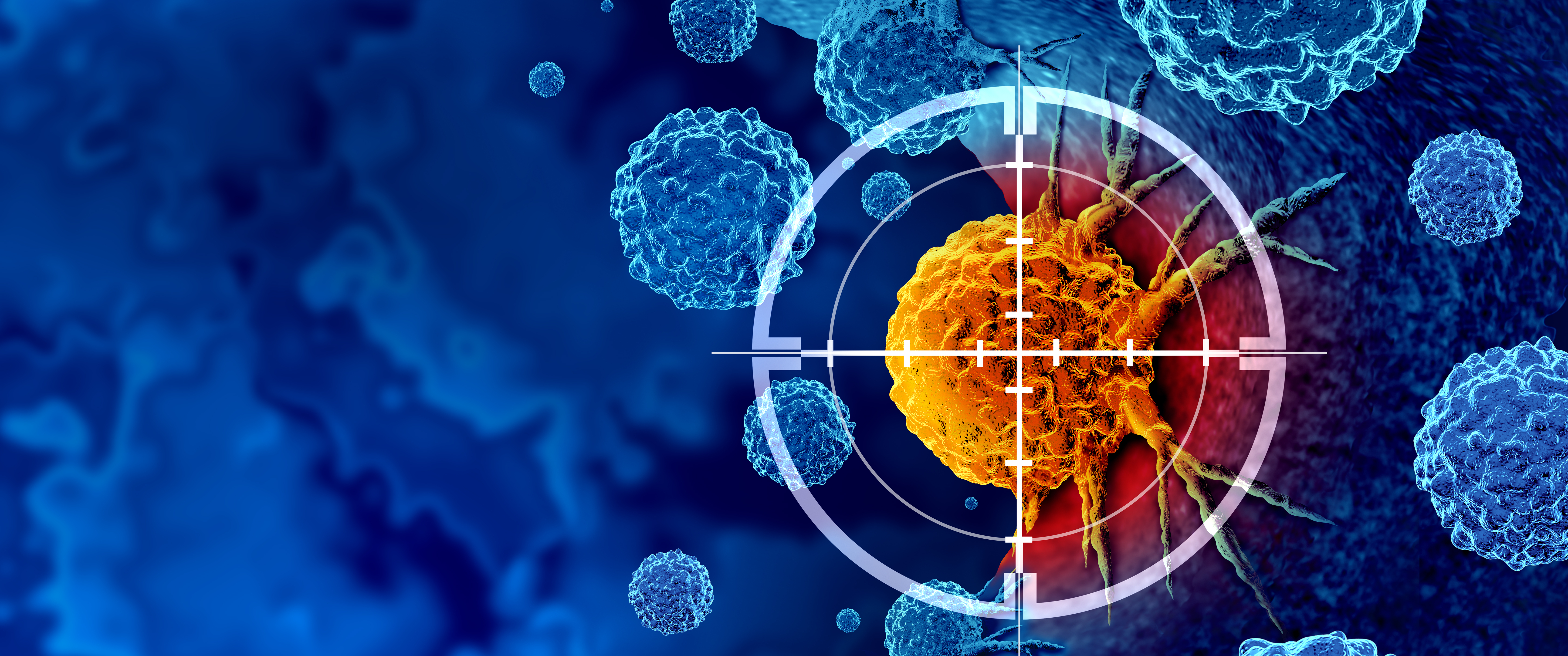 A 3D illustration of cancer cells with a target over one of the cells