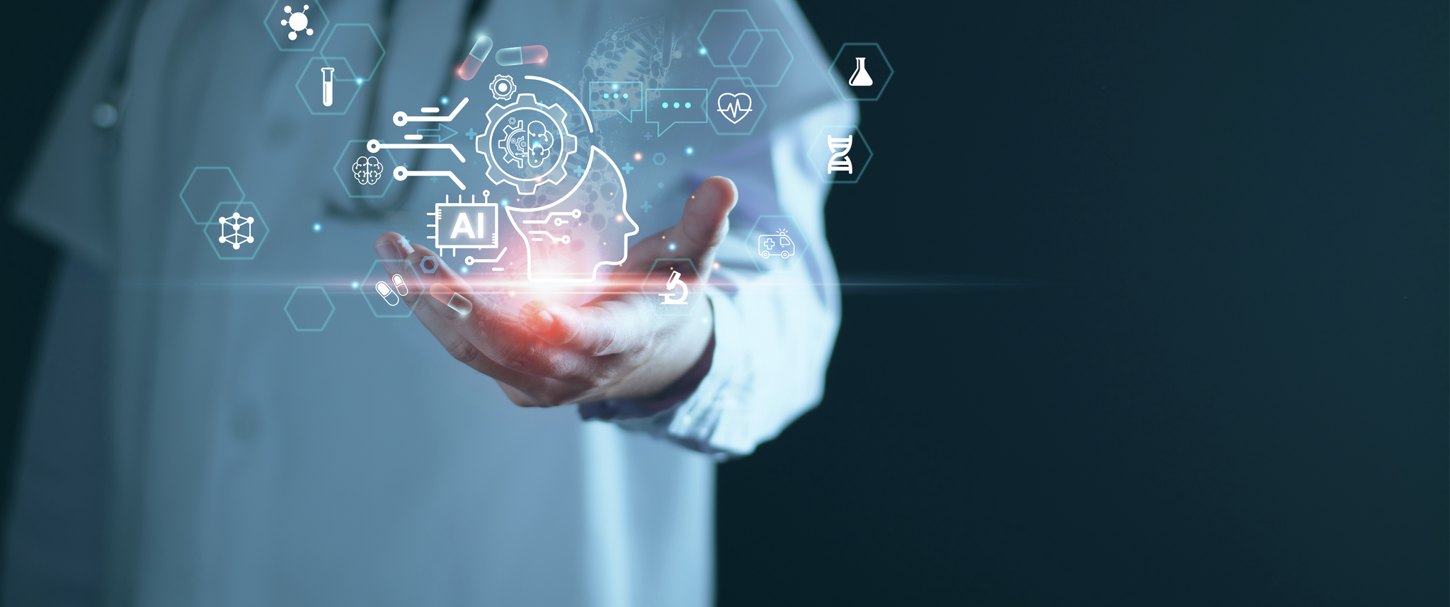 Doctor holding graphics related to technology and artificial intelligence