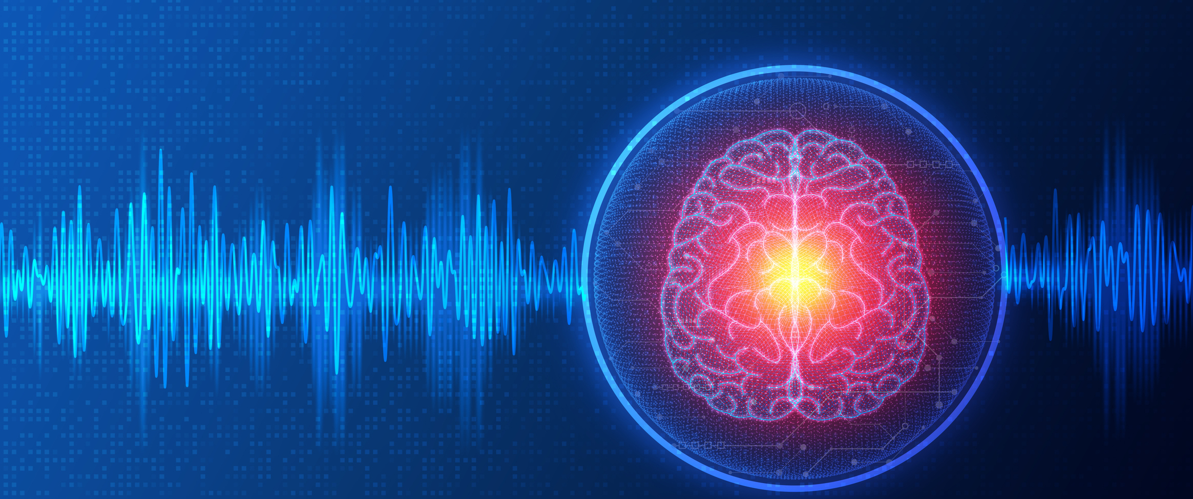 A red glowing brain next to brain waves on a blue background