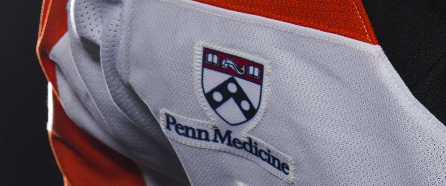 A Philadelphia Flyers jersey with a Penn Medicine patch