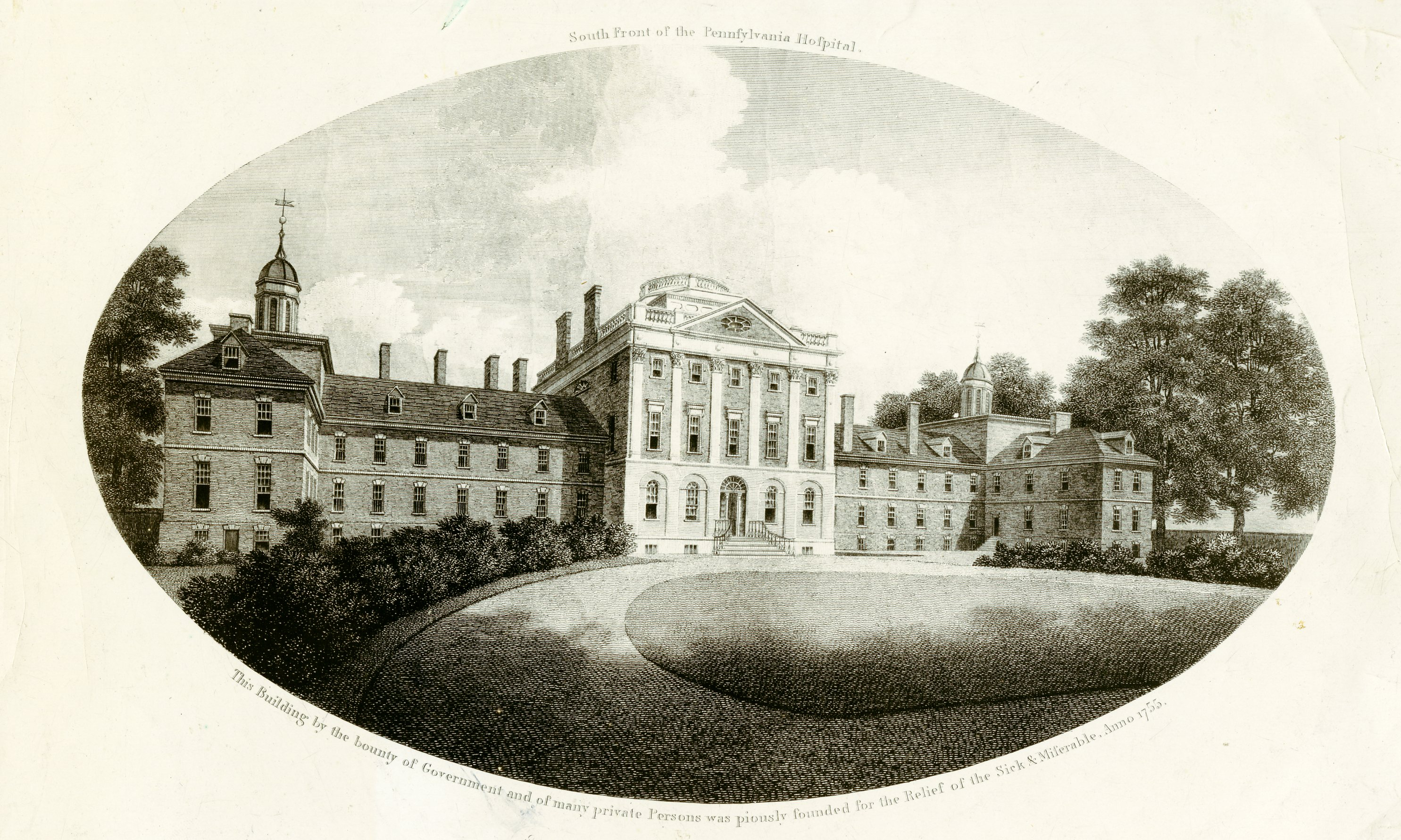 Old illustration of the exterior of the Pennsylvania Hospital Pine Building