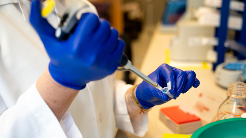 Gloved hands hold a pipette and a small vial of liquid
