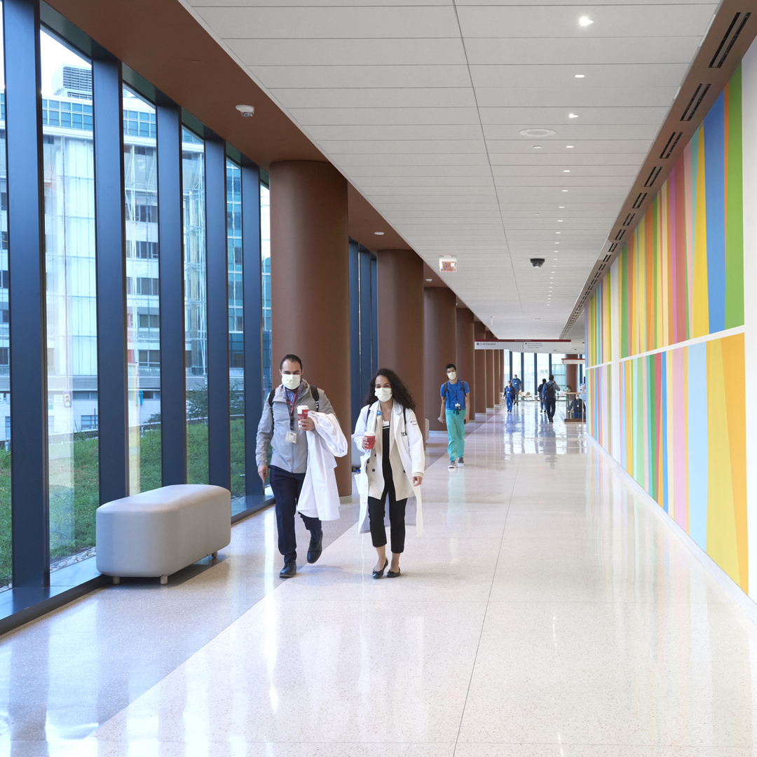 Multiple hospital staff wearing scrubs or white coats walk down a hallway with a large window wall on one side and colorful mural opposite