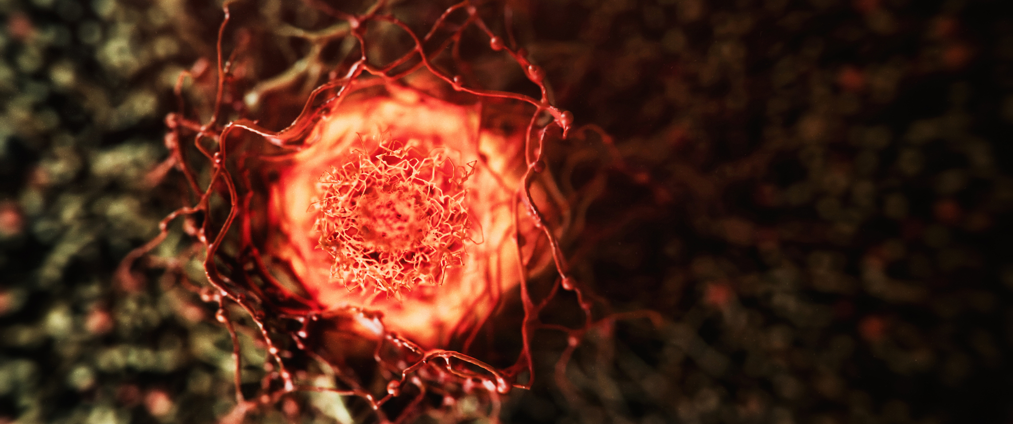Cancer cell view - 3d rendered image, enhanced scanning electron micrograph (SEM) of cancer cell. Visual of overall shape of the cell's surface at a very high magnification.