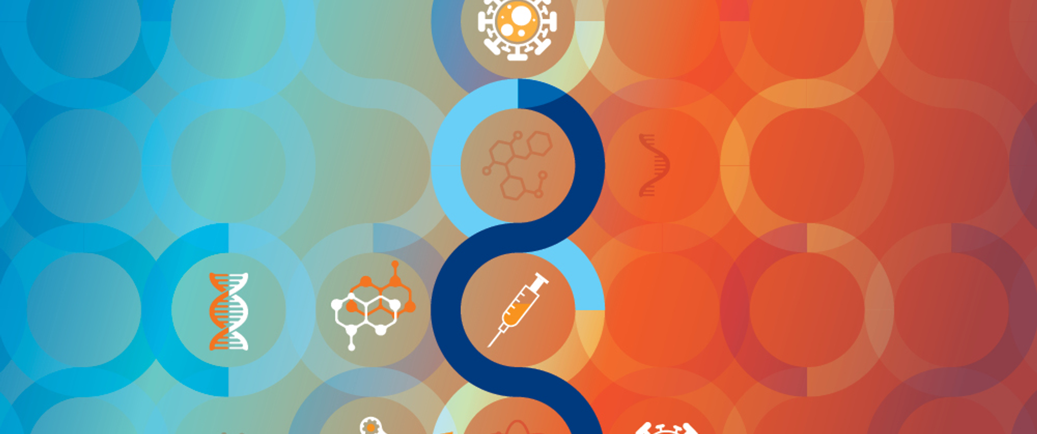 An illustration of colorful curving lines interspersed with icons representing RNA, DNA, a virus, drug injection, molecule, and pills