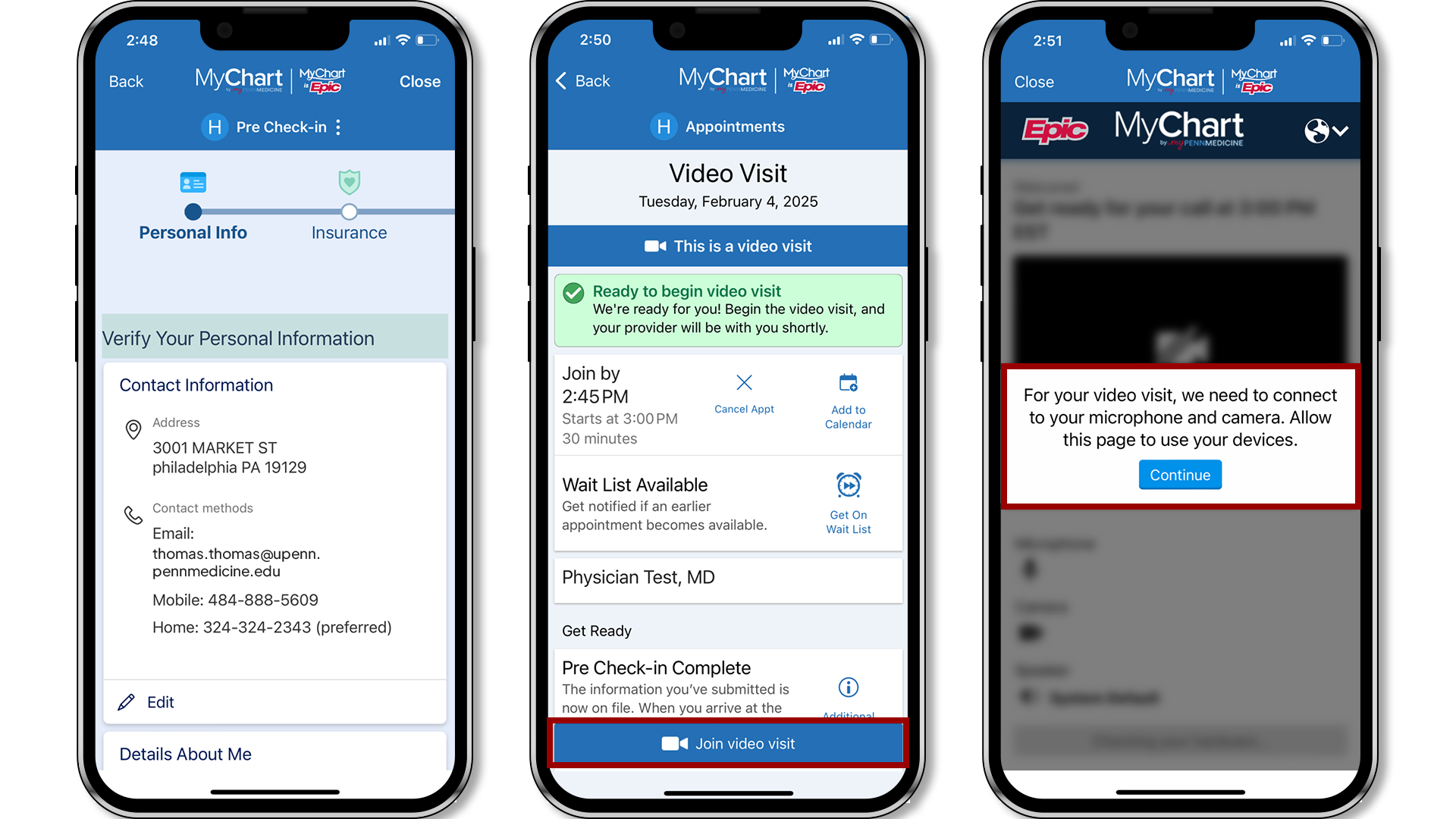 Three mobile screenshots of MyChart by MyPennMedicine depicting Pre Check-in questionnaire, ready to join call window, and prompt to give phone access to camera