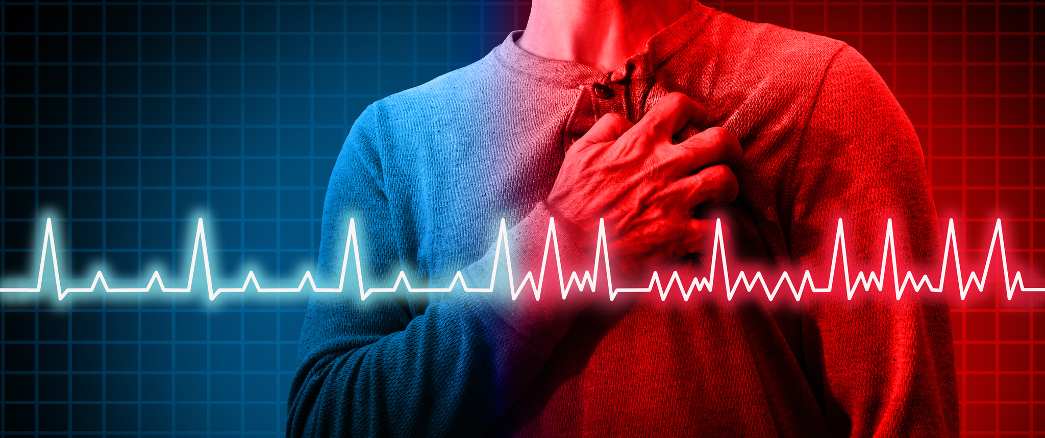 A man holding his hand on his chest overlayed with a heart rate diagram