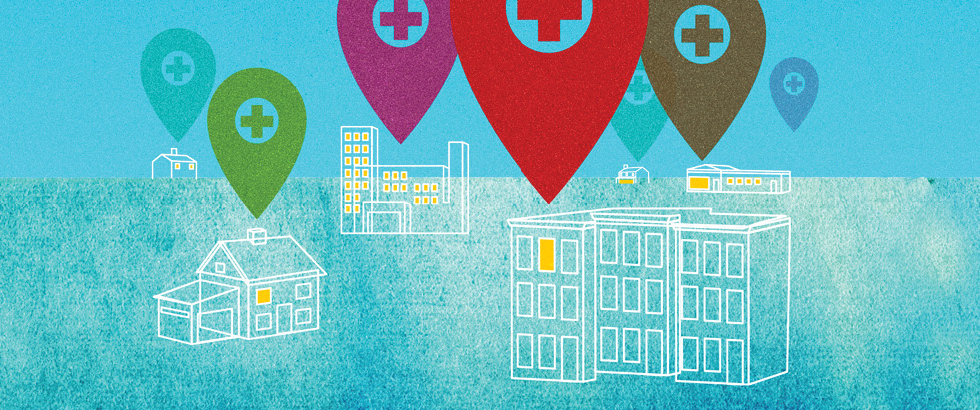 A line illustration of house- and hospital-shaped buildings is overlaid with large map location pin markers on a colorful background