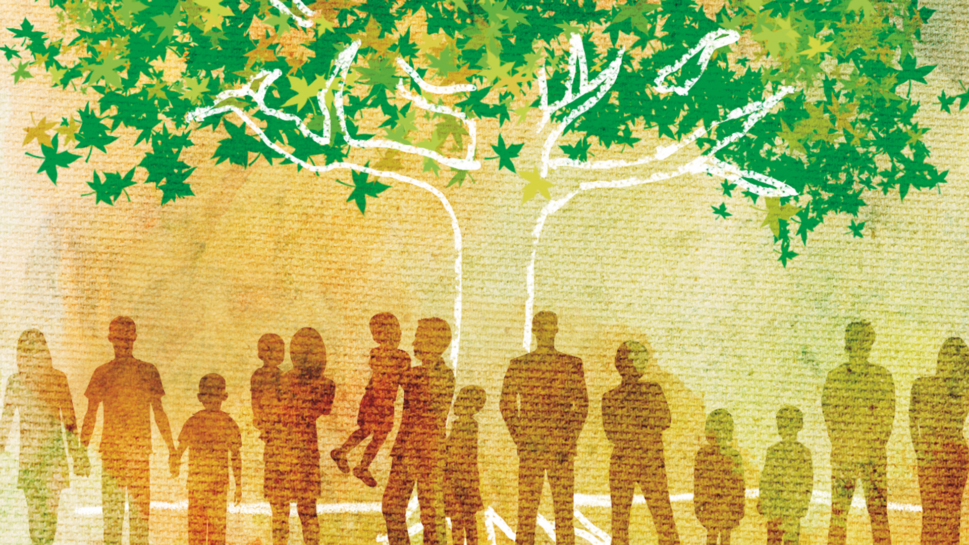 An illustration of human silhouettes of multiple ages, standing around the base of a large branching tree, symbolizing a family tree