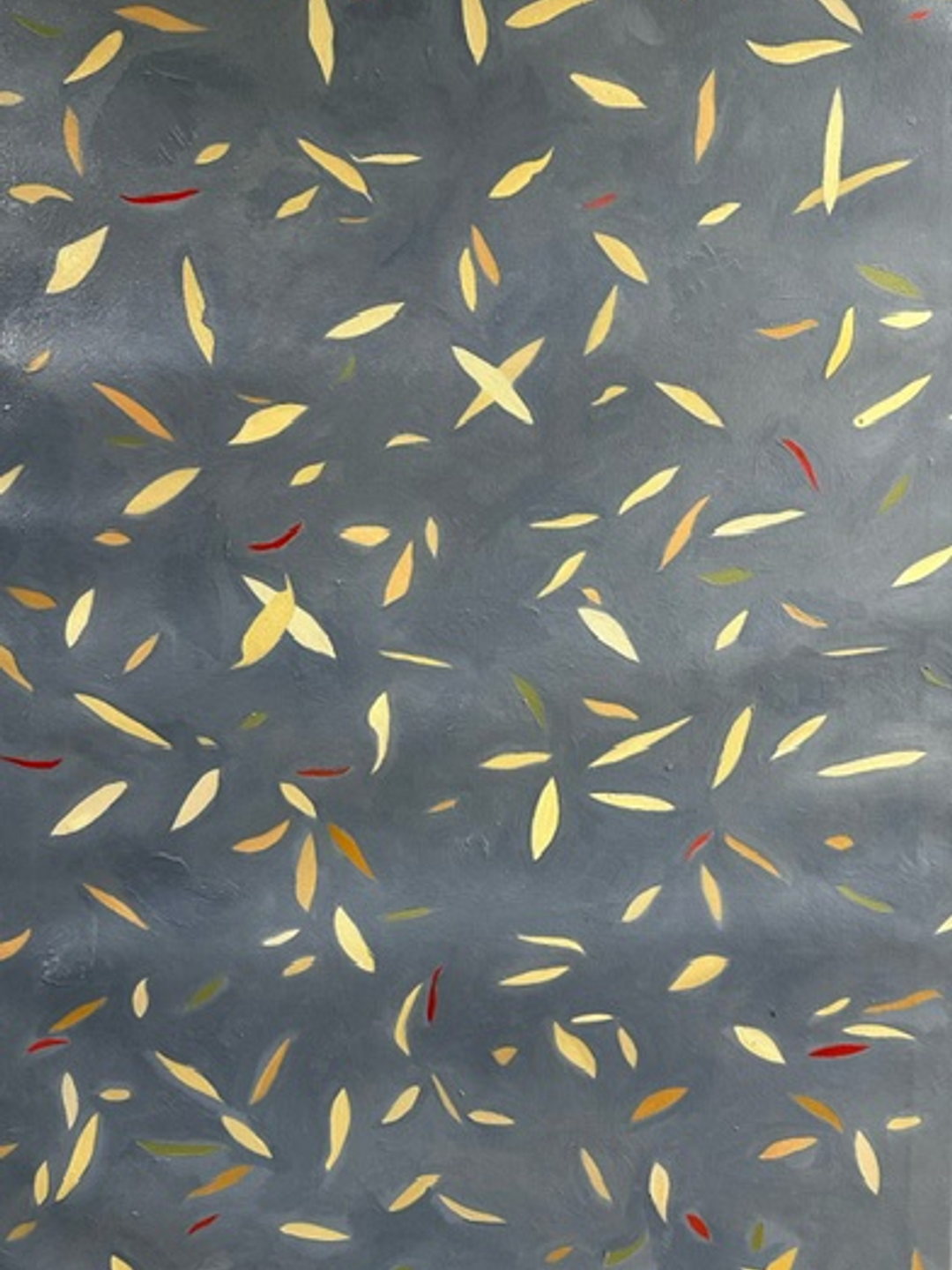 A painting with a gray background and yellow, orange, and red leaves.