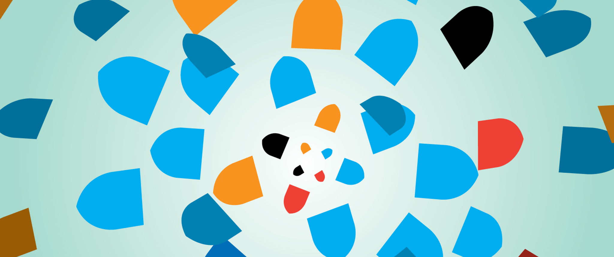 An abstract illustration of shield shapes in multiple colors radiating out from a central point