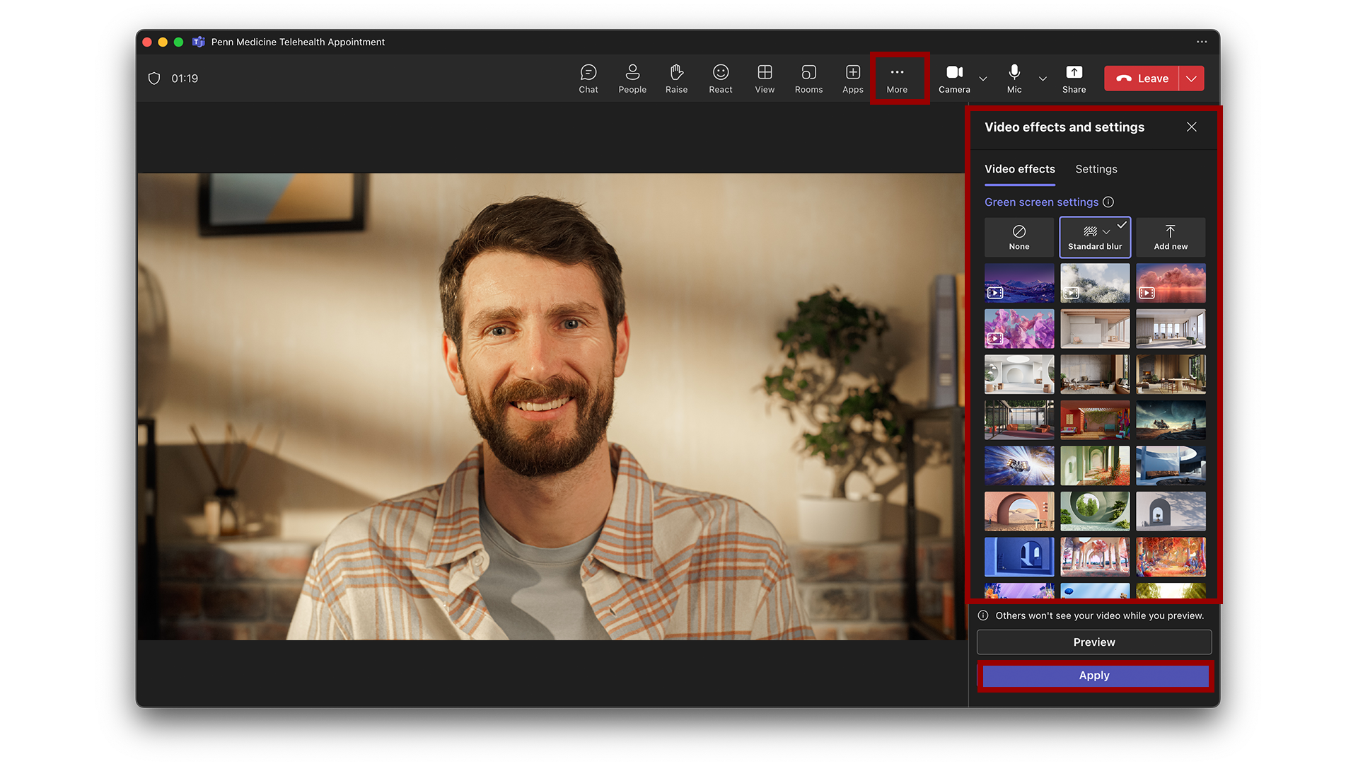 Microsoft Teams  for desktop background options menu highlighted with red box