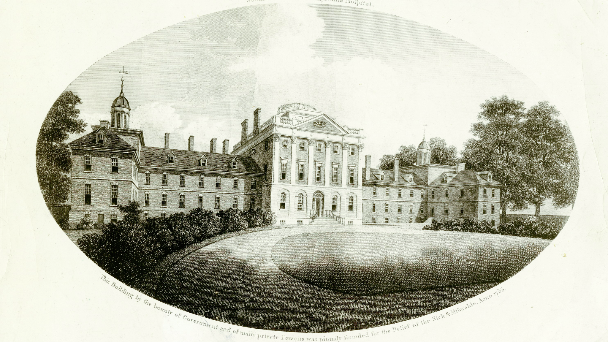 Old illustration of the exterior of the Pennsylvania Hospital Pine Building