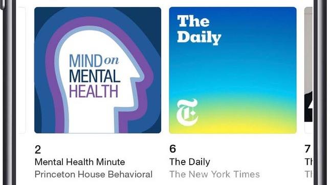 An image of a smartphone showing a podcast app on screen, including the head-shaped logo for Mind on Mental Health