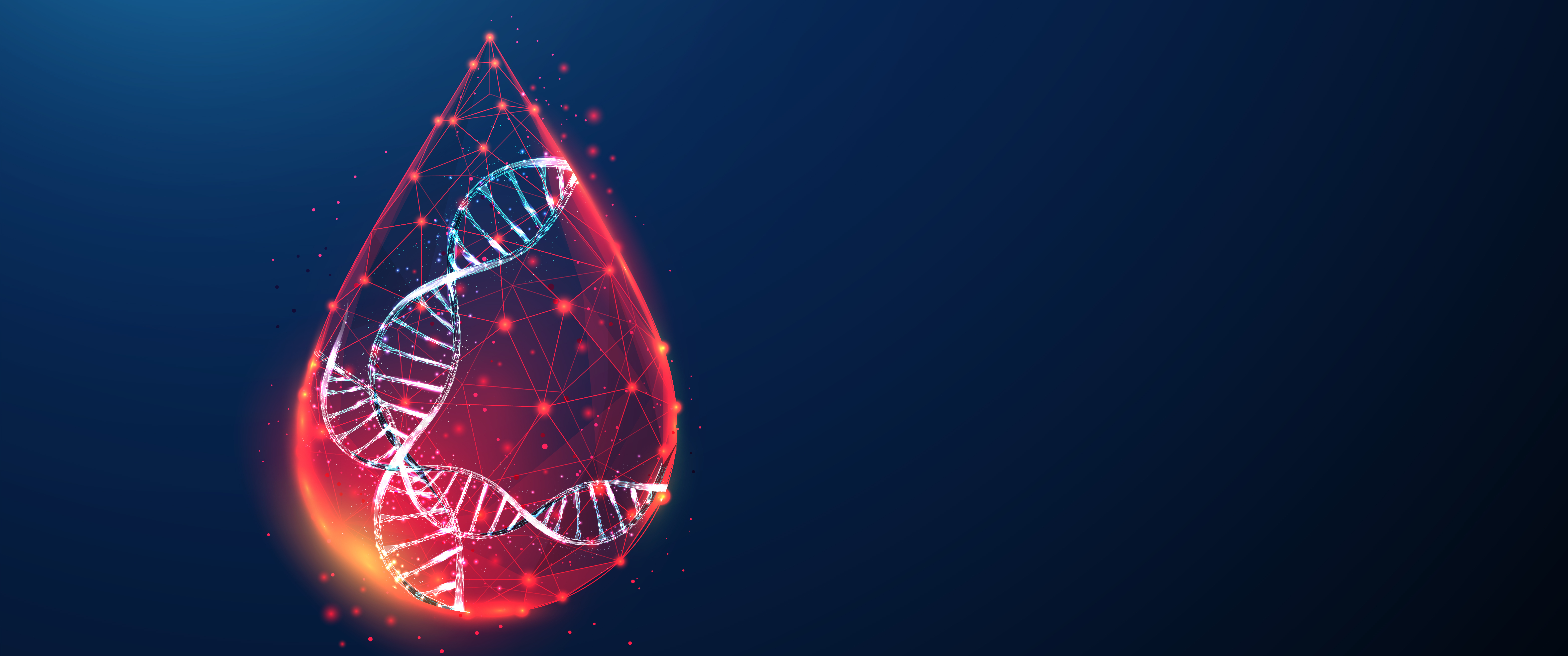 A digital illustration of a drop of blood with a DNA strand in its center