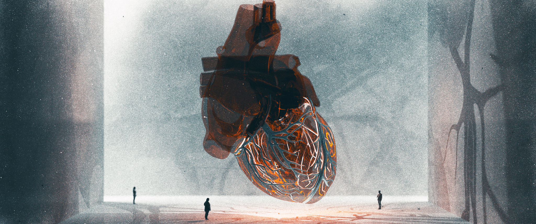 An illustration shows a heart with visible coronary arteries floating above a room.