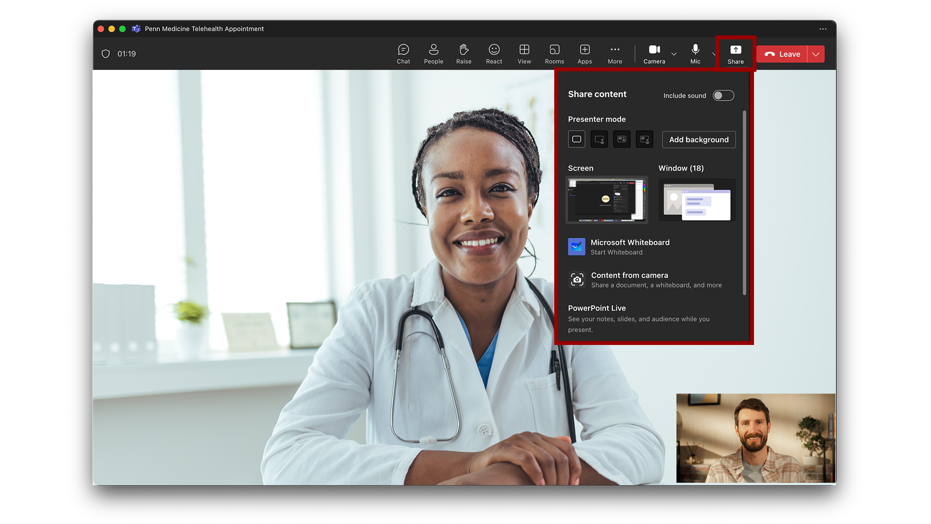 Microsoft Teams  for desktop sharing options window highlighted with red box