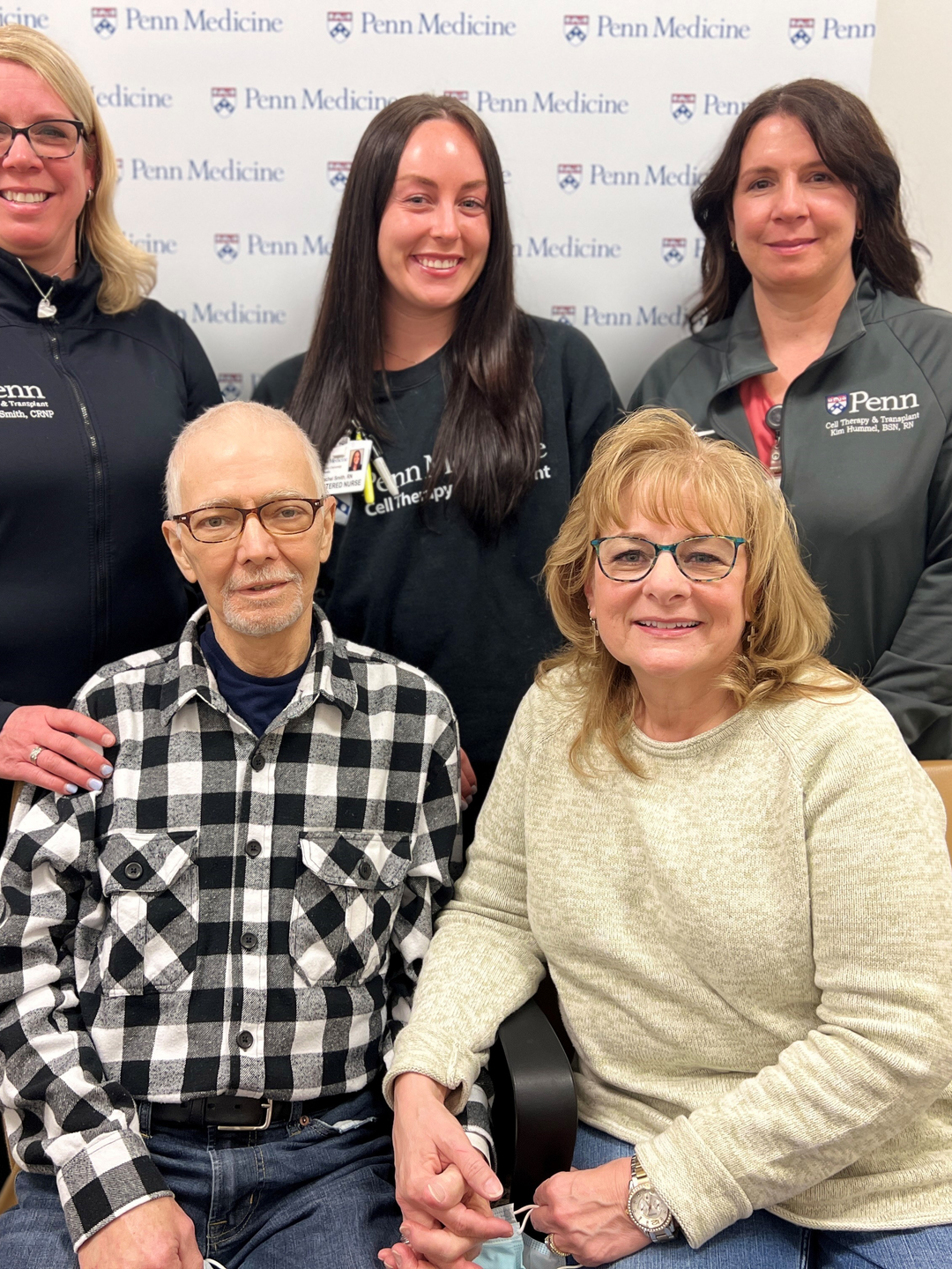 From left: Allogeneic Bone Marrow and Stem Cell Transplant Program Coordinator Jackie Smith, MSN,CRNP; her daughter, inpatient nurse Rachel Smith, BSN, RN; and her sister, clinical research nurse Kim Hummel, BSN, RN, with bone marrow transplant patient David DeSantis and his wife Tammy