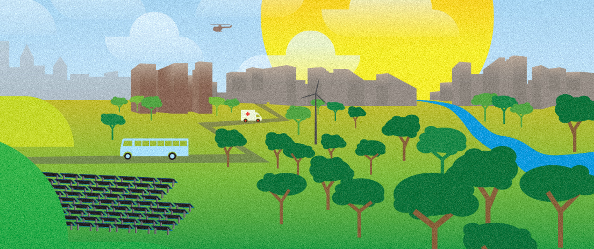 An illustration with a texture like recycled paper shows colorful green hills, solar panels, and a hospital building and city skyline