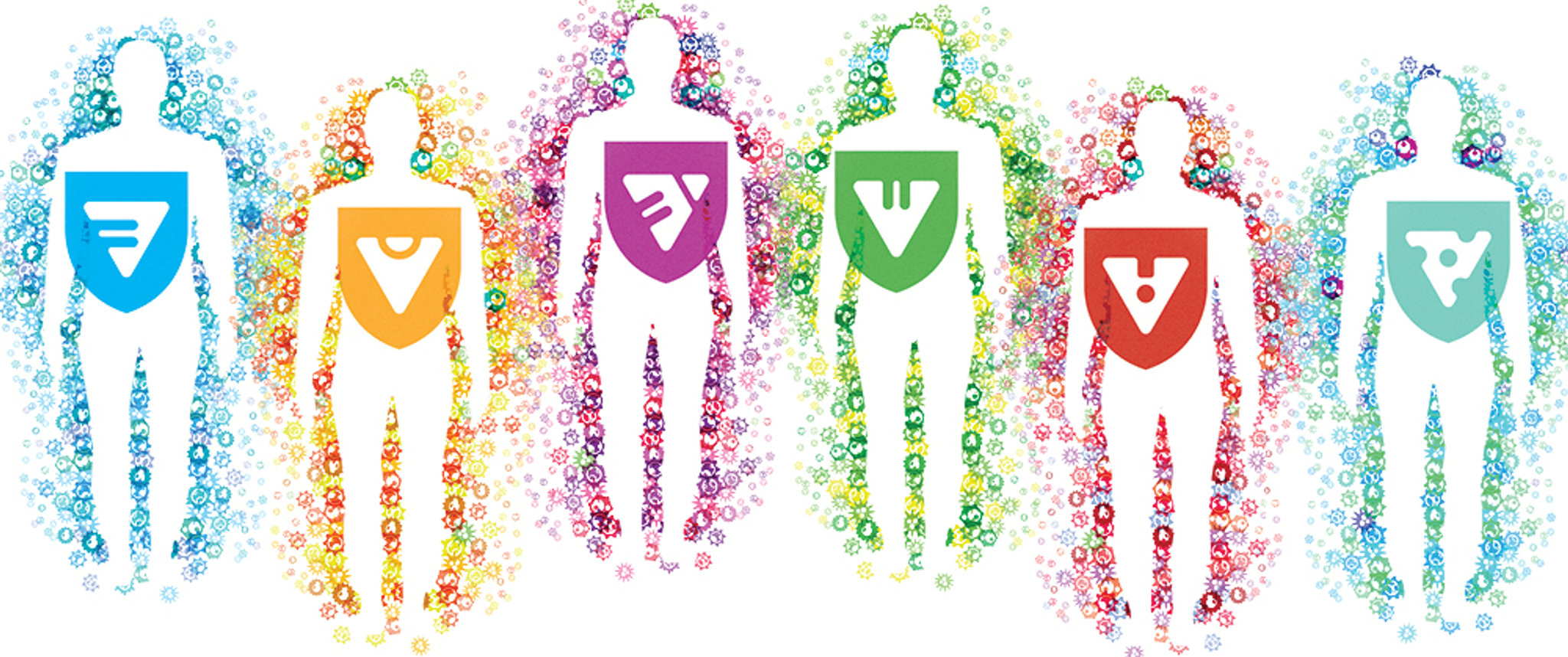 An illustration of six human silhouette shapes, each surrounded by clustered immune cells of a different color and each wearing a shield symbol on its chest