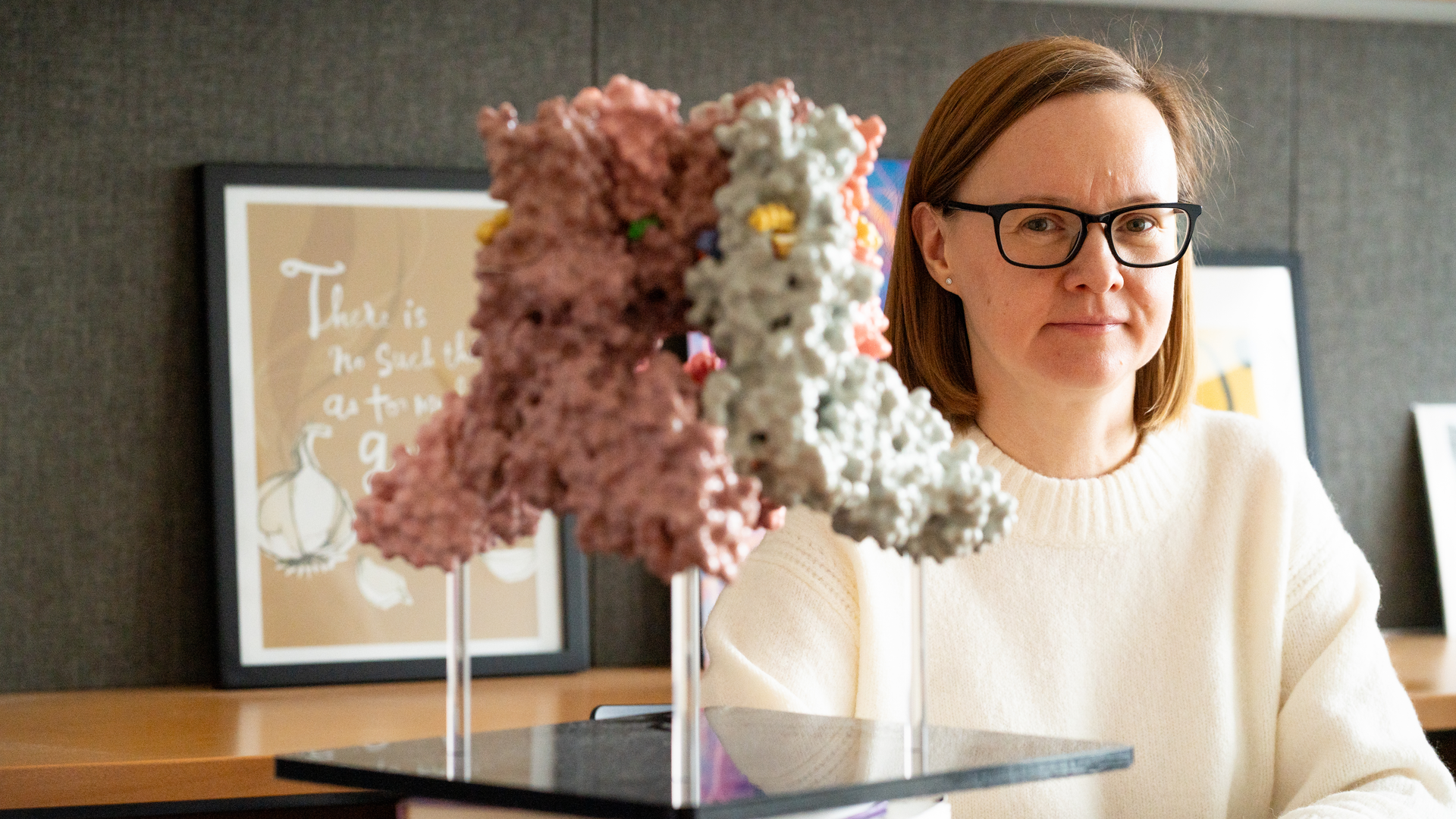 Vera Moiseenkova-Bell, PhD, with a large physical model of an ion channel protein complex 