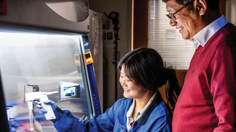 Hongjun Song observes as a research trainee in the lab does work with brain organoids