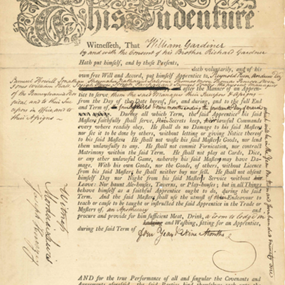 A yellowed old document with large script at the top of the word "Indenture," and contents of the page written in script with numerous large signatures at the bottom. Modern pencil handwriting is visible marked "June 14, 1791 Wm Gardiner".png
