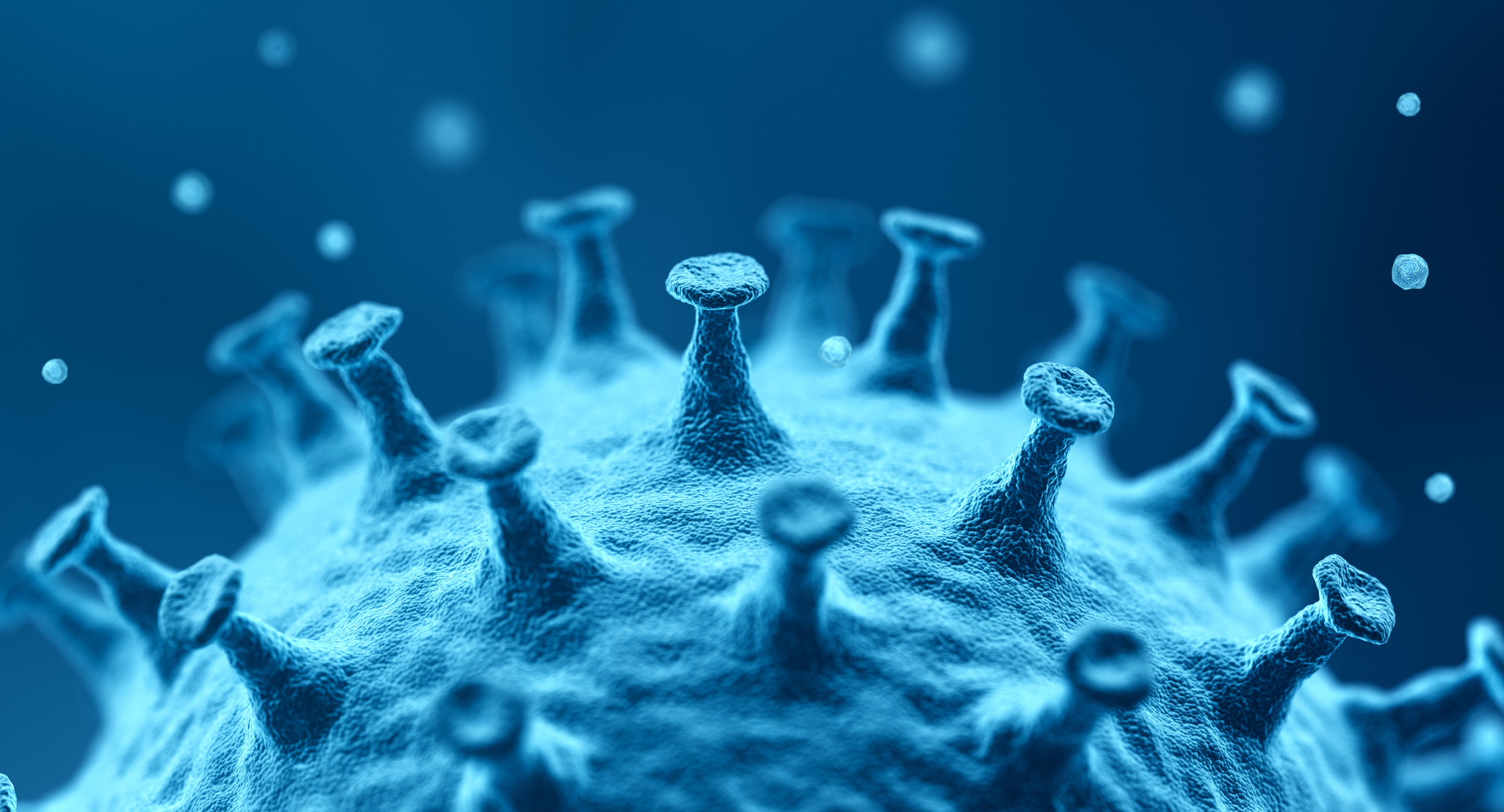 A digital illustration of a blue virus cell